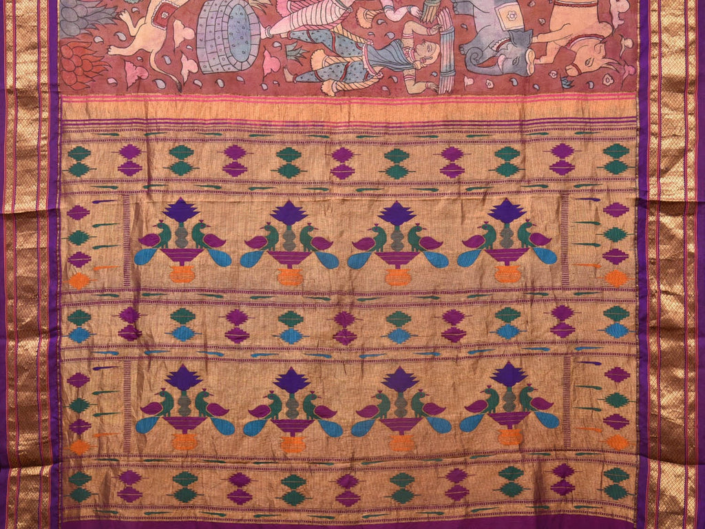 Rust and Purple Kalamkari Hand Painted Paithani Silk Handloom Saree with Village Theme Design - Global Threads | Grocsy