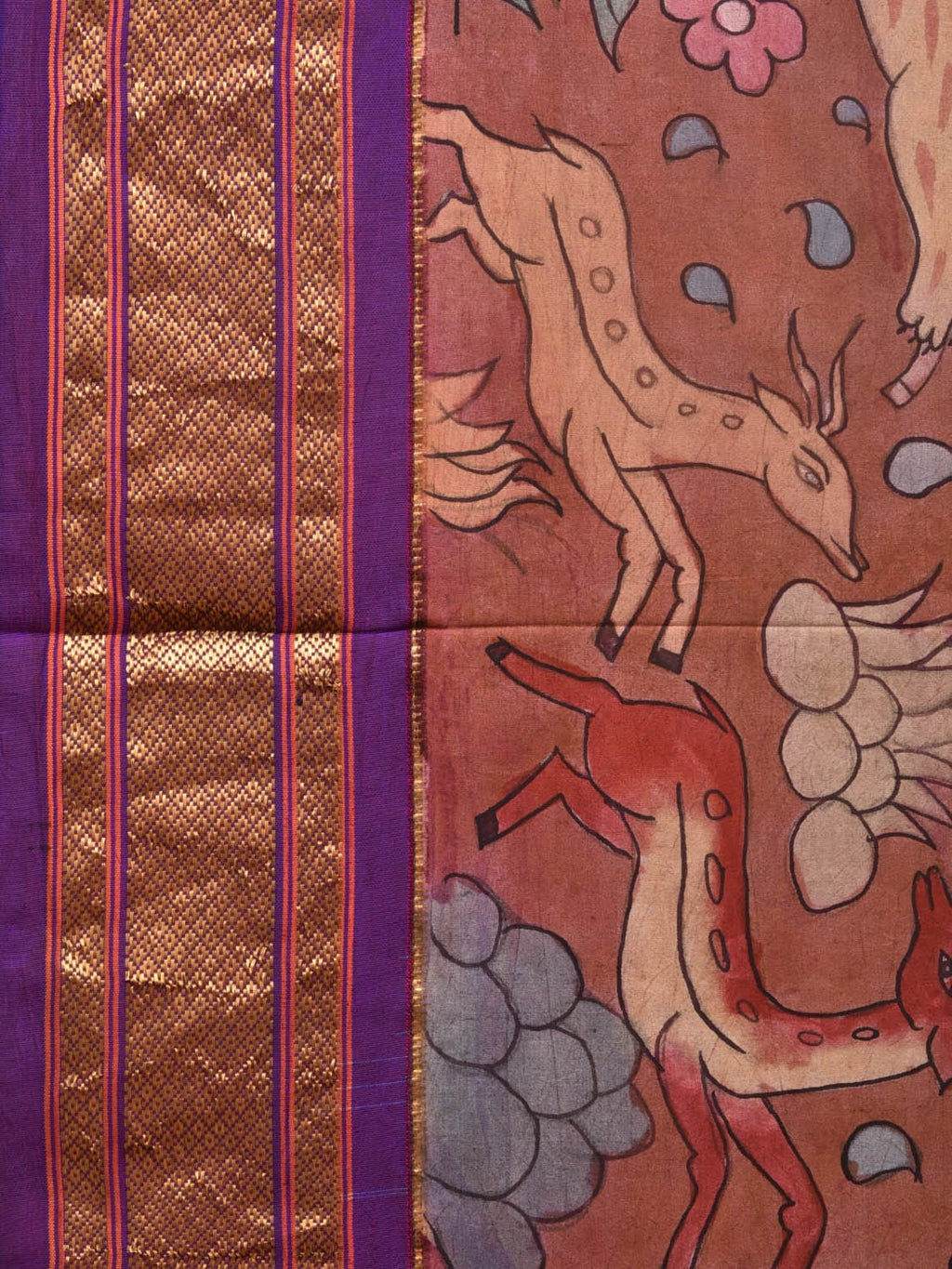 Rust and Purple Kalamkari Hand Painted Paithani Silk Handloom Saree with Village Theme Design - Global Threads | Grocsy