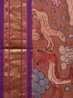 Rust and Purple Kalamkari Hand Painted Paithani Silk Handloom Saree with Village Theme Design - Global Threads | Grocsy