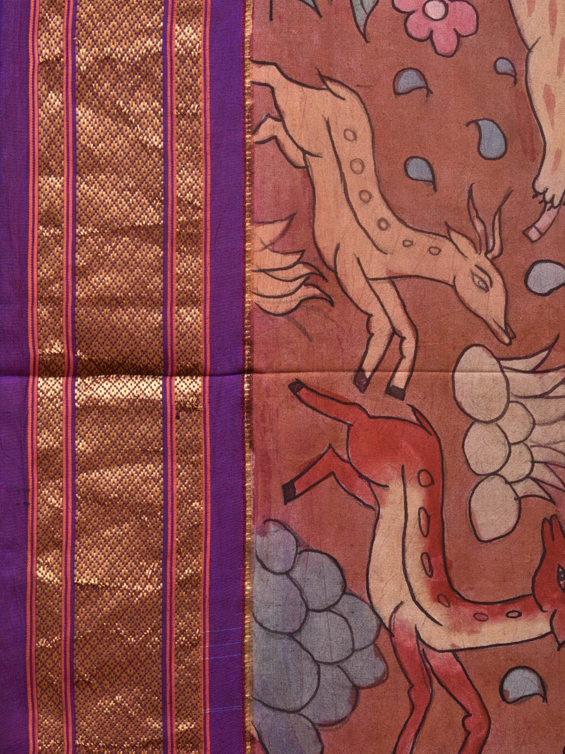 Rust and Purple Kalamkari Hand Painted Paithani Silk Handloom Saree with Village Theme Design - Global Threads | Grocsy