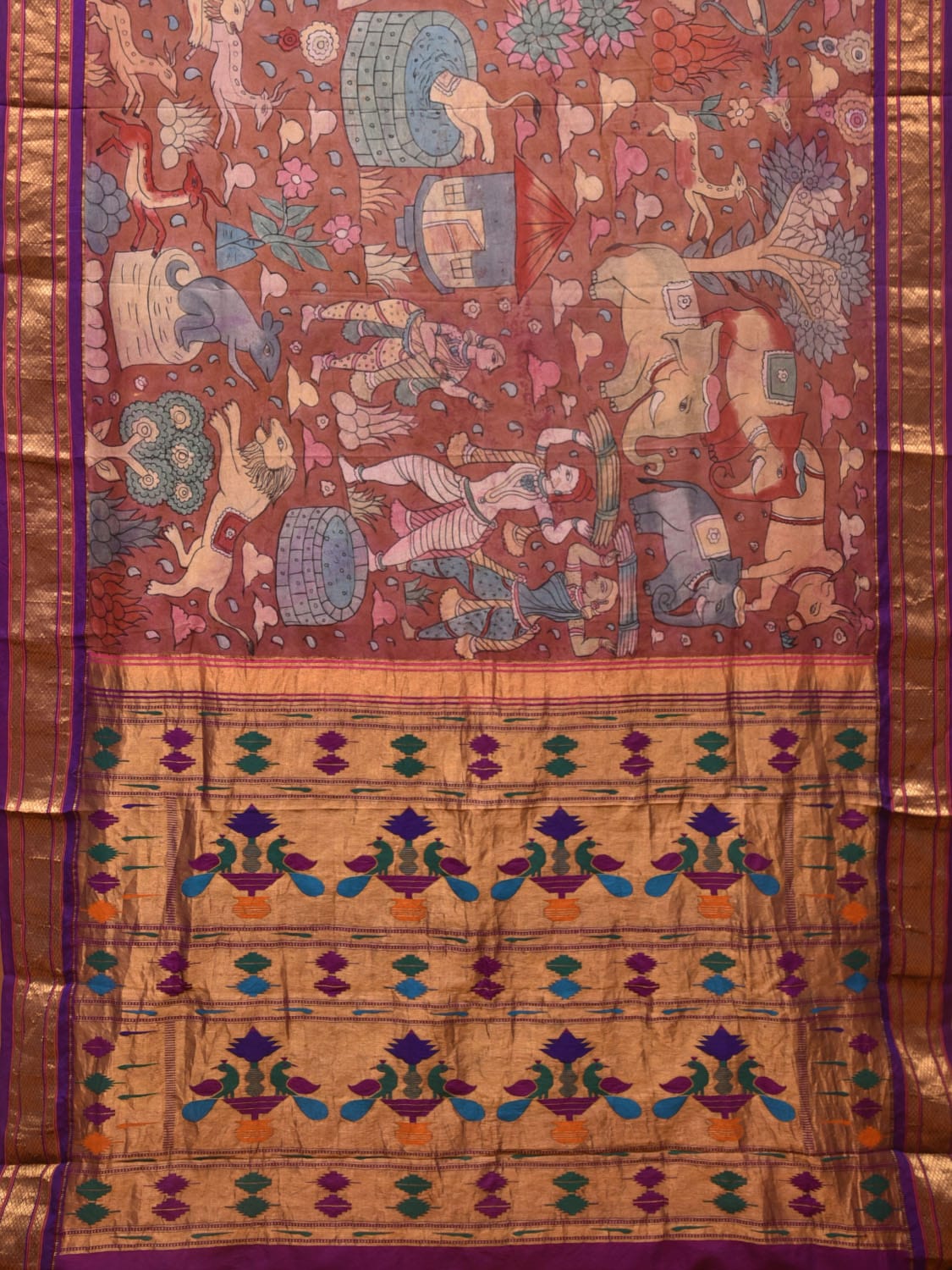 Rust and Purple Kalamkari Hand Painted Paithani Silk Handloom Saree with Village Theme Design - Global Threads | Grocsy