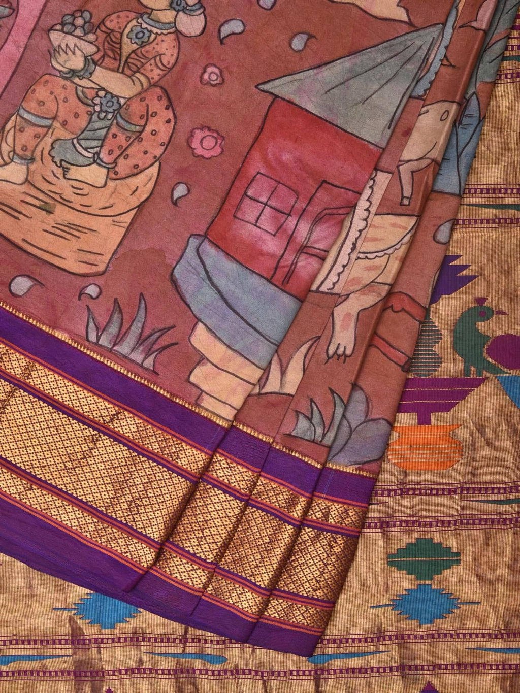 Rust and Purple Kalamkari Hand Painted Paithani Silk Handloom Saree with Village Theme Design - Global Threads | Grocsy