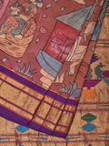 Rust and Purple Kalamkari Hand Painted Paithani Silk Handloom Saree with Village Theme Design - Global Threads | Grocsy