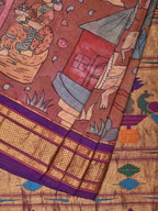 Rust and Purple Kalamkari Hand Painted Paithani Silk Handloom Saree with Village Theme Design - Global Threads | Grocsy