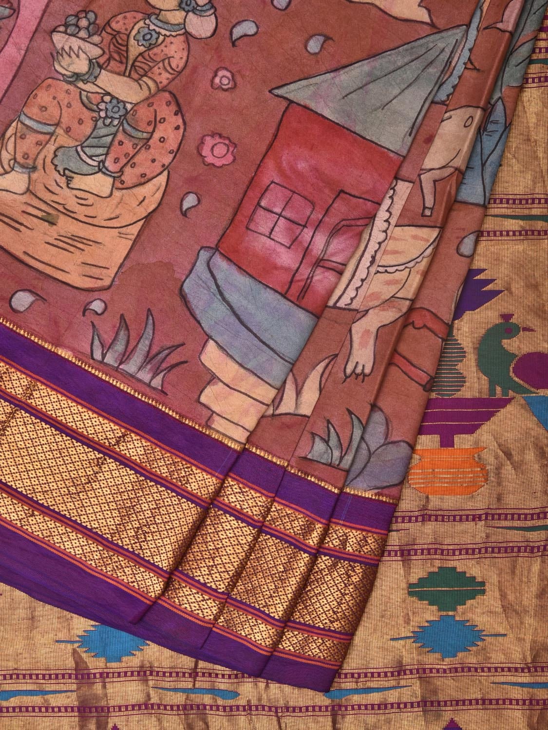 Rust and Purple Kalamkari Hand Painted Paithani Silk Handloom Saree with Village Theme Design - Global Threads | Grocsy