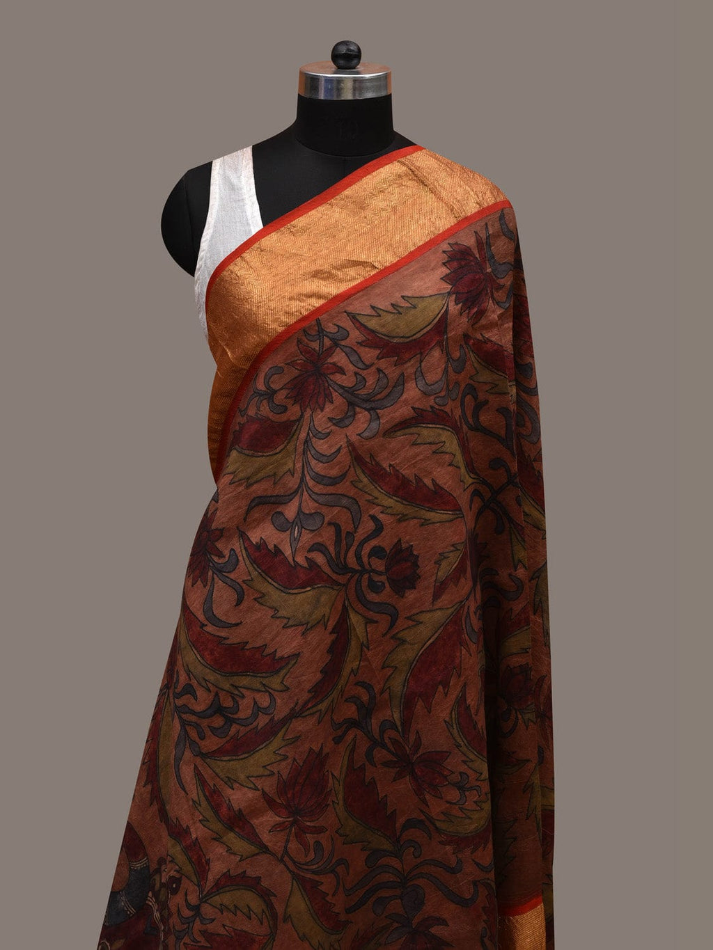 Rust Kalamkari Hand Painted Kanchipuram Silk Handloom Dupatta with Floral and Peacocks Design - Global Threads | Grocsy