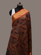 Rust Kalamkari Hand Painted Kanchipuram Silk Handloom Dupatta with Floral and Peacocks Design - Global Threads | Grocsy