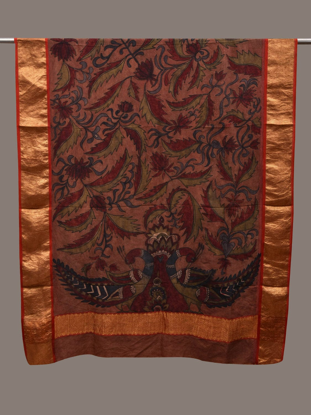 Rust Kalamkari Hand Painted Kanchipuram Silk Handloom Dupatta with Floral and Peacocks Design - Global Threads | Grocsy