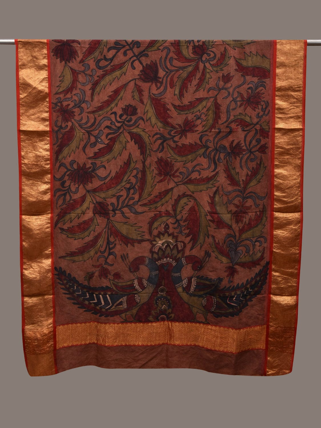Rust Kalamkari Hand Painted Kanchipuram Silk Handloom Dupatta with Floral and Peacocks Design - Global Threads | Grocsy