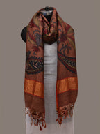 Rust Kalamkari Hand Painted Kanchipuram Silk Handloom Dupatta with Floral and Peacocks Design - Global Threads | Grocsy