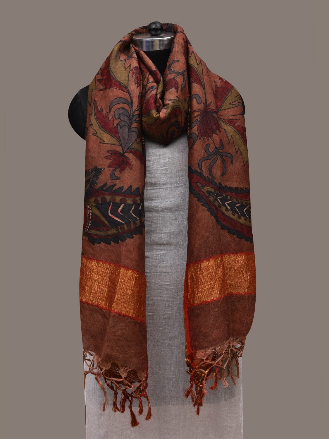Rust Kalamkari Hand Painted Kanchipuram Silk Handloom Dupatta with Floral and Peacocks Design - Global Threads | Grocsy