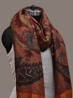 Rust Kalamkari Hand Painted Kanchipuram Silk Handloom Dupatta with Floral and Peacocks Design - Global Threads | Grocsy