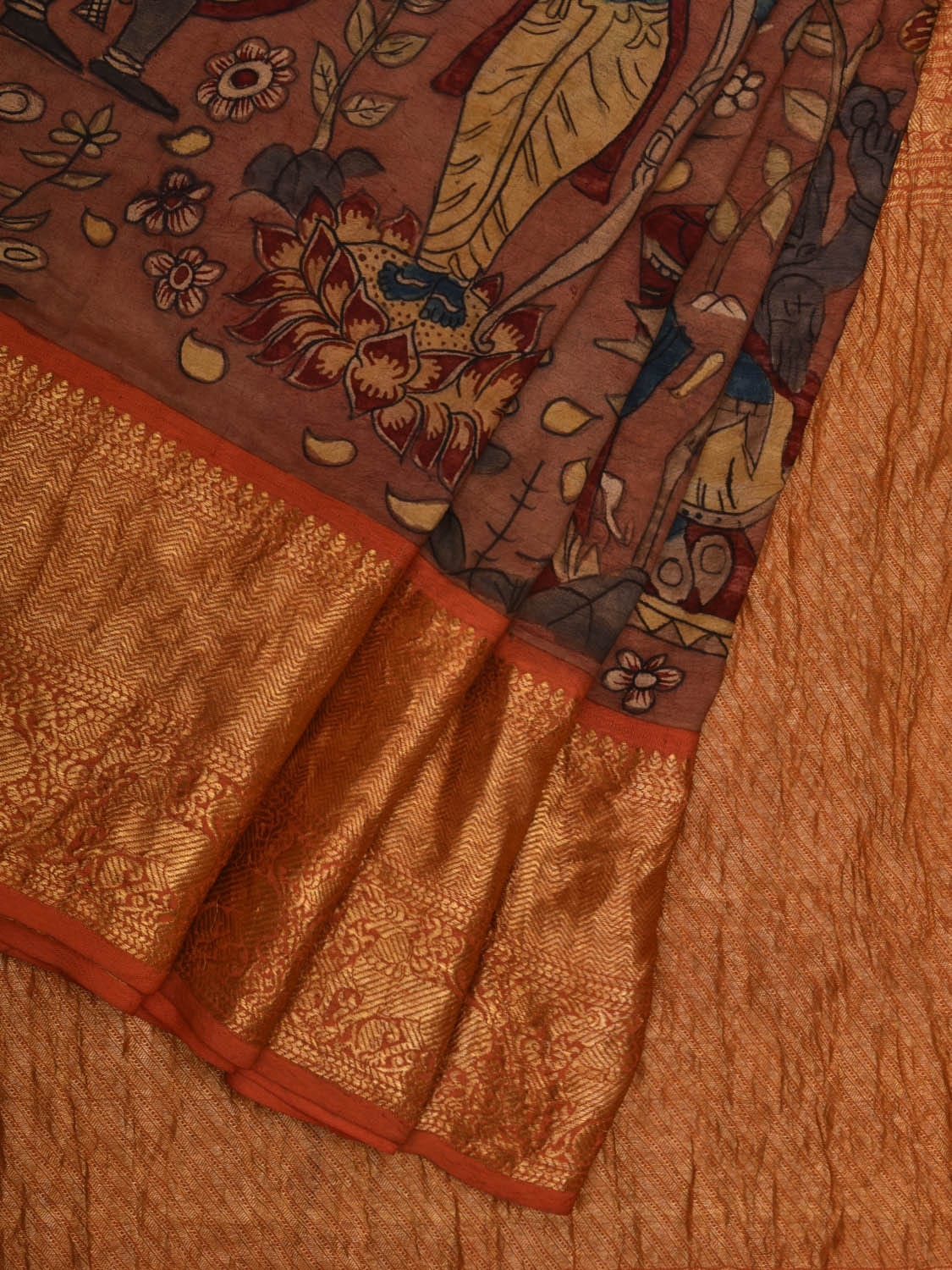 Rust Kalamkari Hand Painted Kanchipuram Silk Handloom Saree with Dashavatar Design - Global Threads | Grocsy