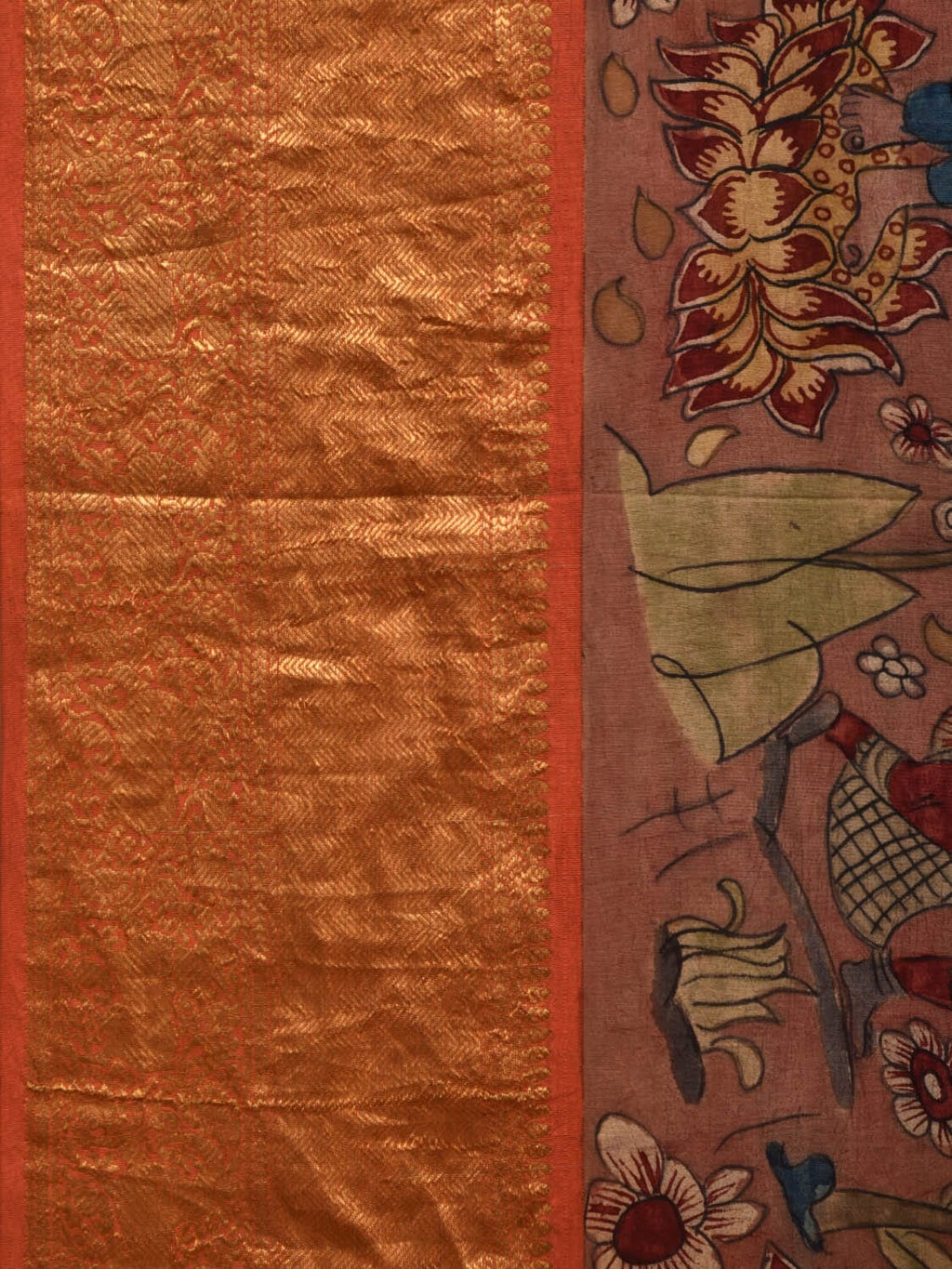 Rust Kalamkari Hand Painted Kanchipuram Silk Handloom Saree with Dashavatar Design - Global Threads | Grocsy