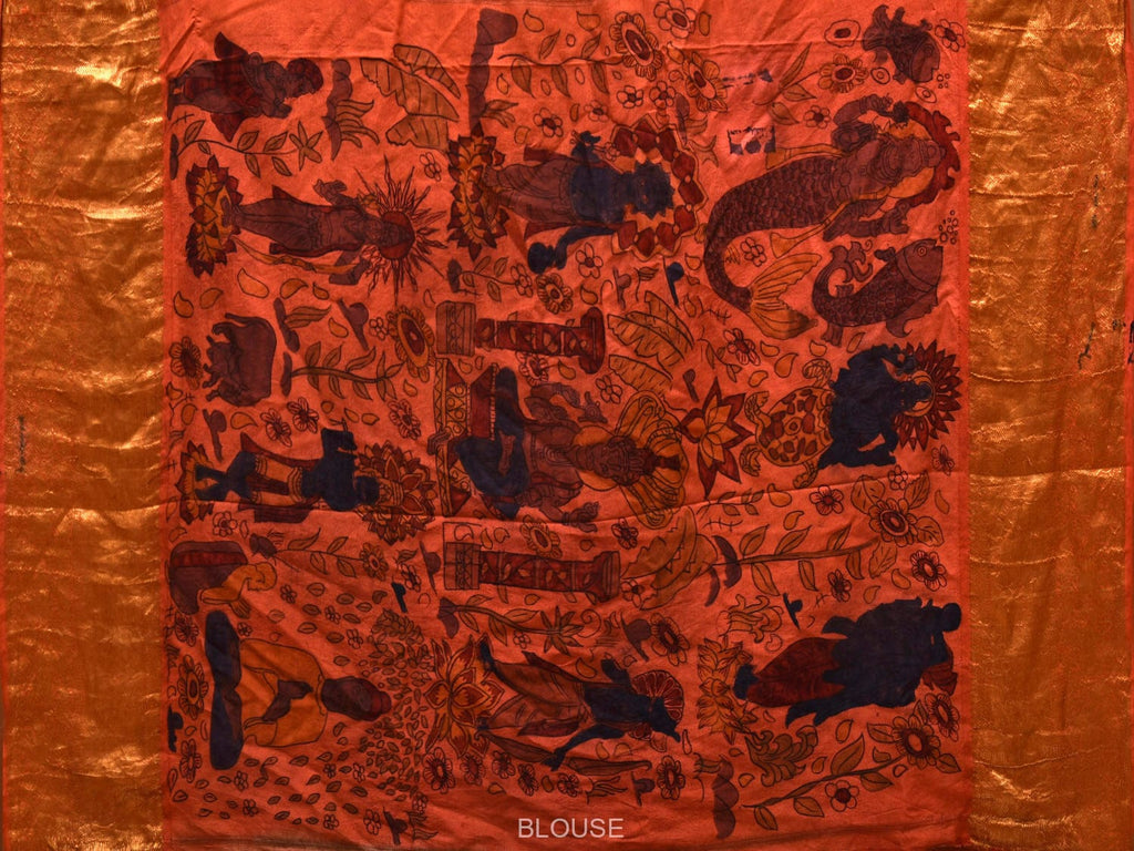 Rust Kalamkari Hand Painted Kanchipuram Silk Handloom Saree with Dashavatar Design - Global Threads | Grocsy