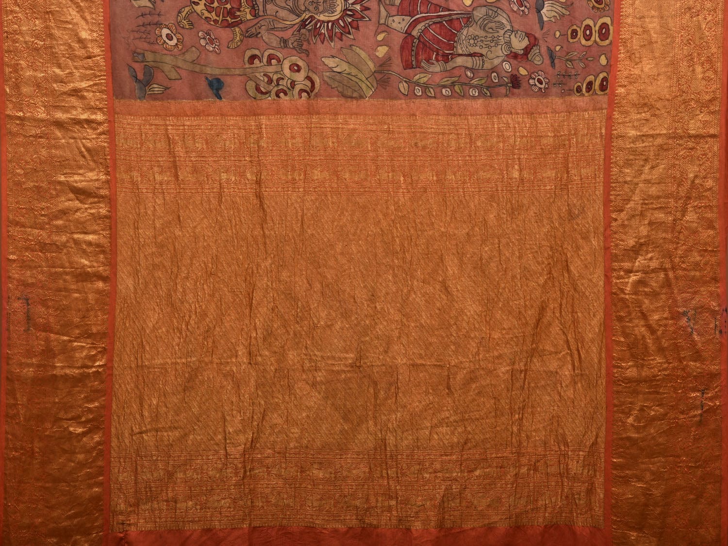Rust Kalamkari Hand Painted Kanchipuram Silk Handloom Saree with Dashavatar Design - Global Threads | Grocsy
