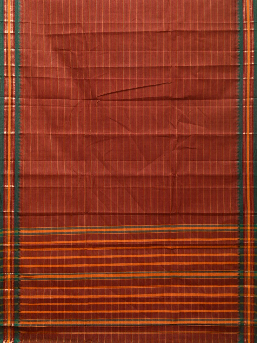 Rust Narayanpet Cotton Handloom Saree with Strips Design No Blouse - Global Threads | Grocsy