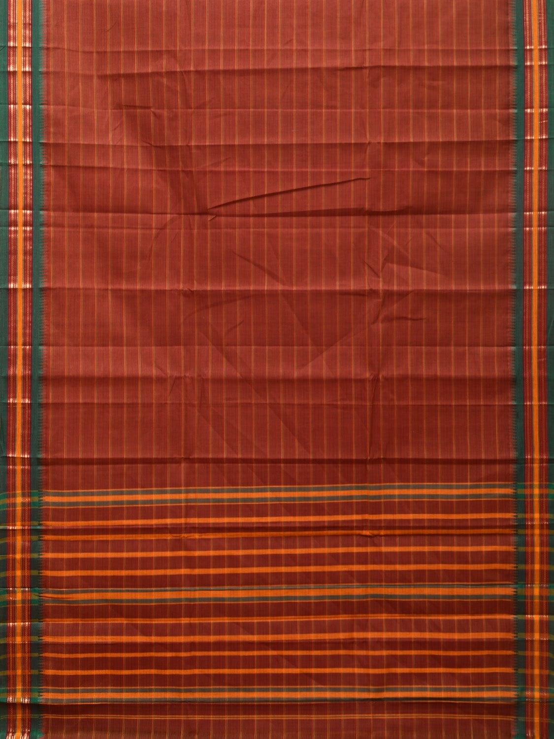 Rust Narayanpet Cotton Handloom Saree with Strips Design No Blouse - Global Threads | Grocsy