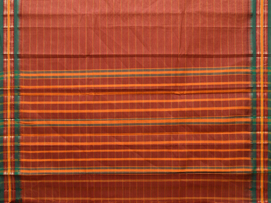 Rust Narayanpet Cotton Handloom Saree with Strips Design No Blouse - Global Threads | Grocsy