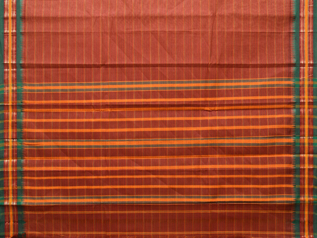 Rust Narayanpet Cotton Handloom Saree with Strips Design No Blouse - Global Threads | Grocsy