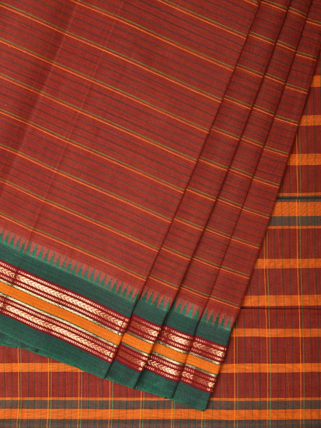 Rust Narayanpet Cotton Handloom Saree with Strips Design No Blouse - Global Threads | Grocsy