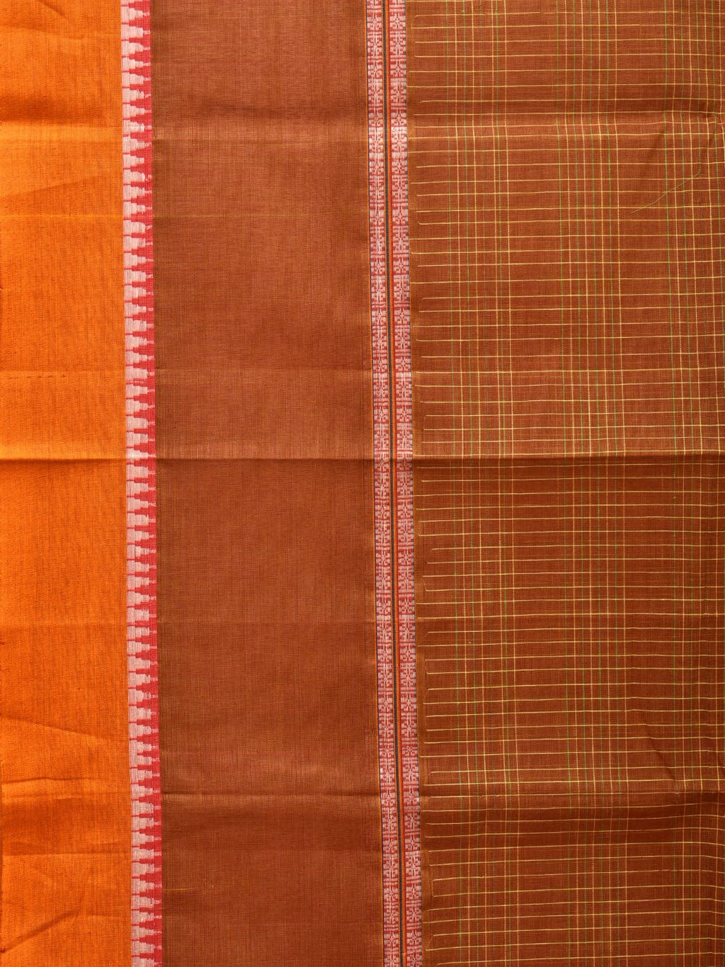Rust Narayanpet Cotton Handloom Saree with Strips Design No Blouse - Global Threads | Grocsy