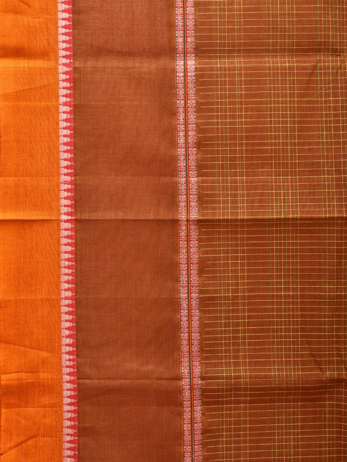 Rust Narayanpet Cotton Handloom Saree with Strips Design No Blouse - Global Threads | Grocsy