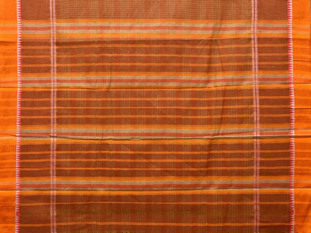 Rust Narayanpet Cotton Handloom Saree with Strips Design No Blouse - Global Threads | Grocsy