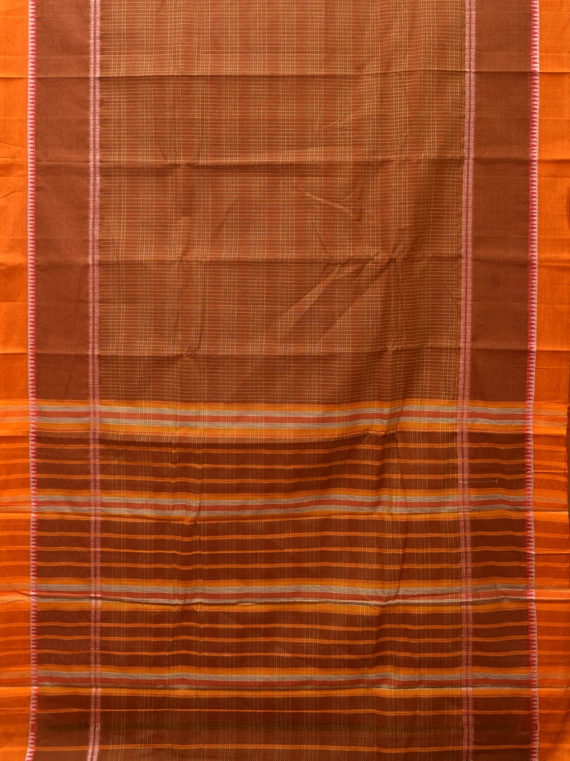 Rust Narayanpet Cotton Handloom Saree with Strips Design No Blouse - Global Threads | Grocsy