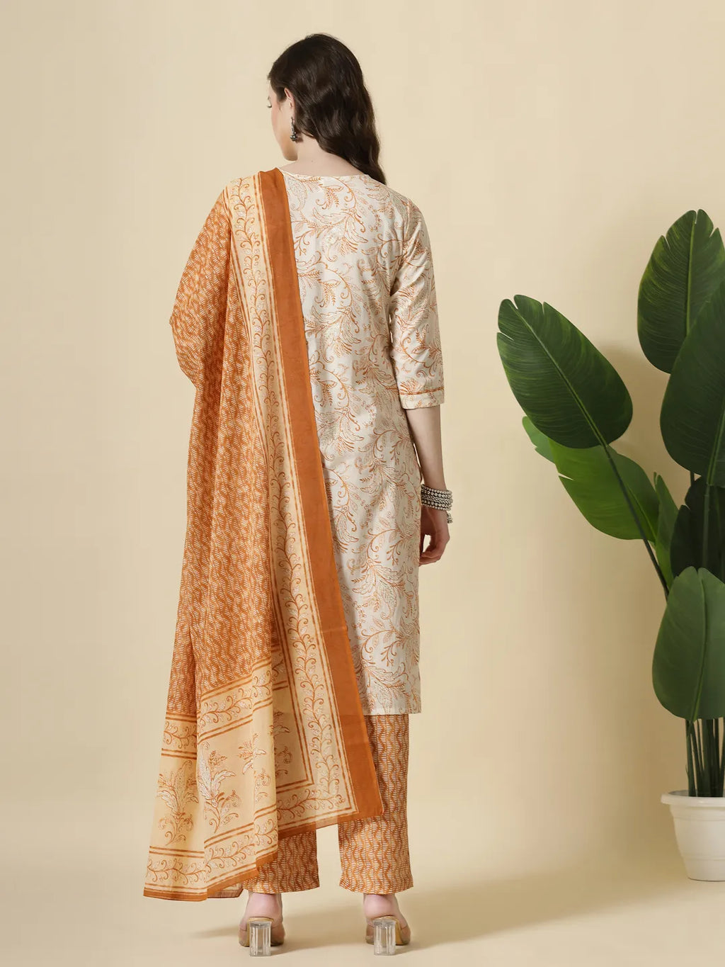 Yufta Rust Pure Cotton PaisleyThread Work Kurta Dupatta Pant Set | Grocsy