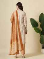 Yufta Rust Pure Cotton PaisleyThread Work Kurta Dupatta Pant Set | Grocsy
