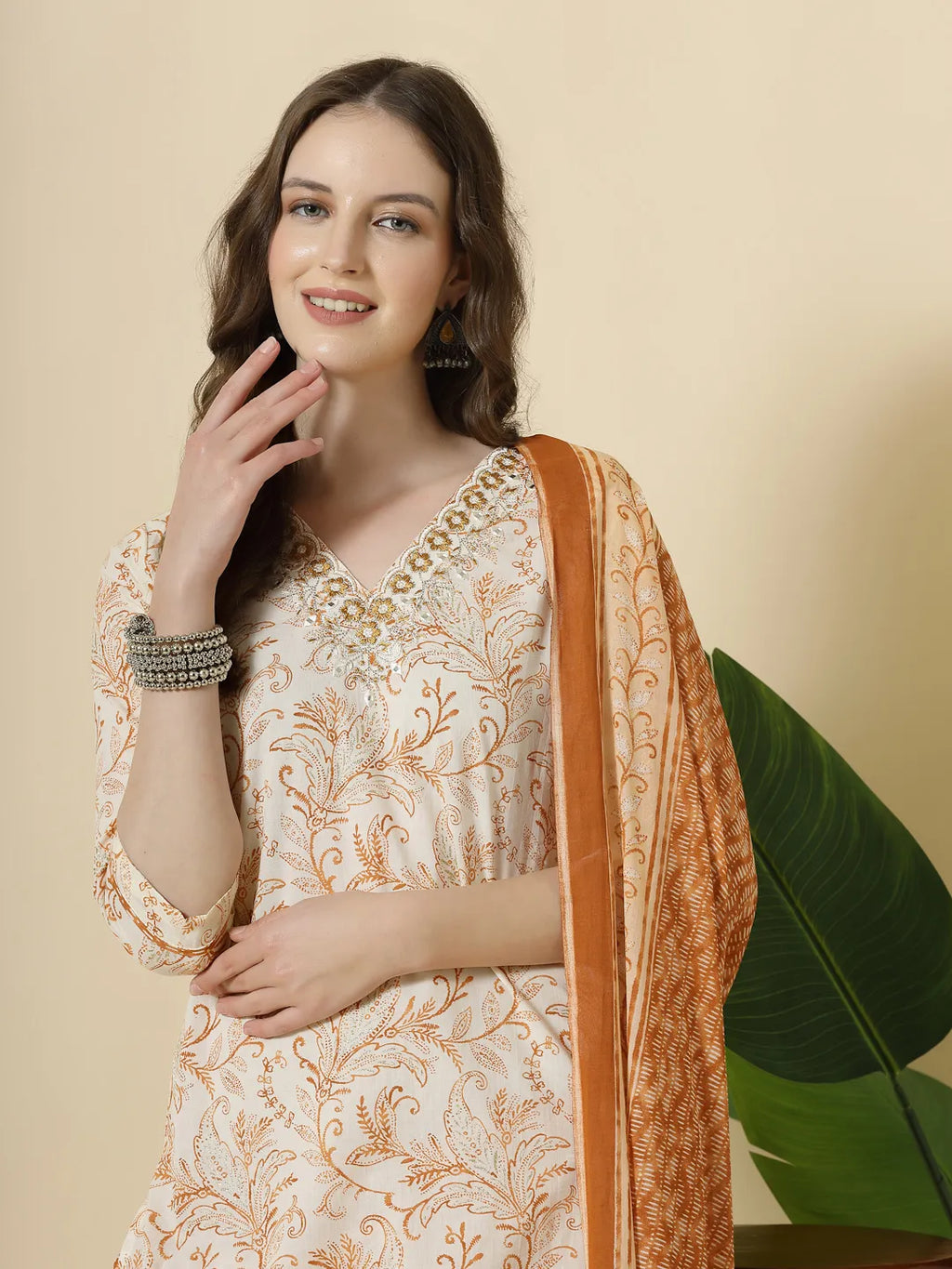 Yufta Rust Pure Cotton PaisleyThread Work Kurta Dupatta Pant Set | Grocsy
