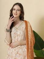 Yufta Rust Pure Cotton PaisleyThread Work Kurta Dupatta Pant Set | Grocsy