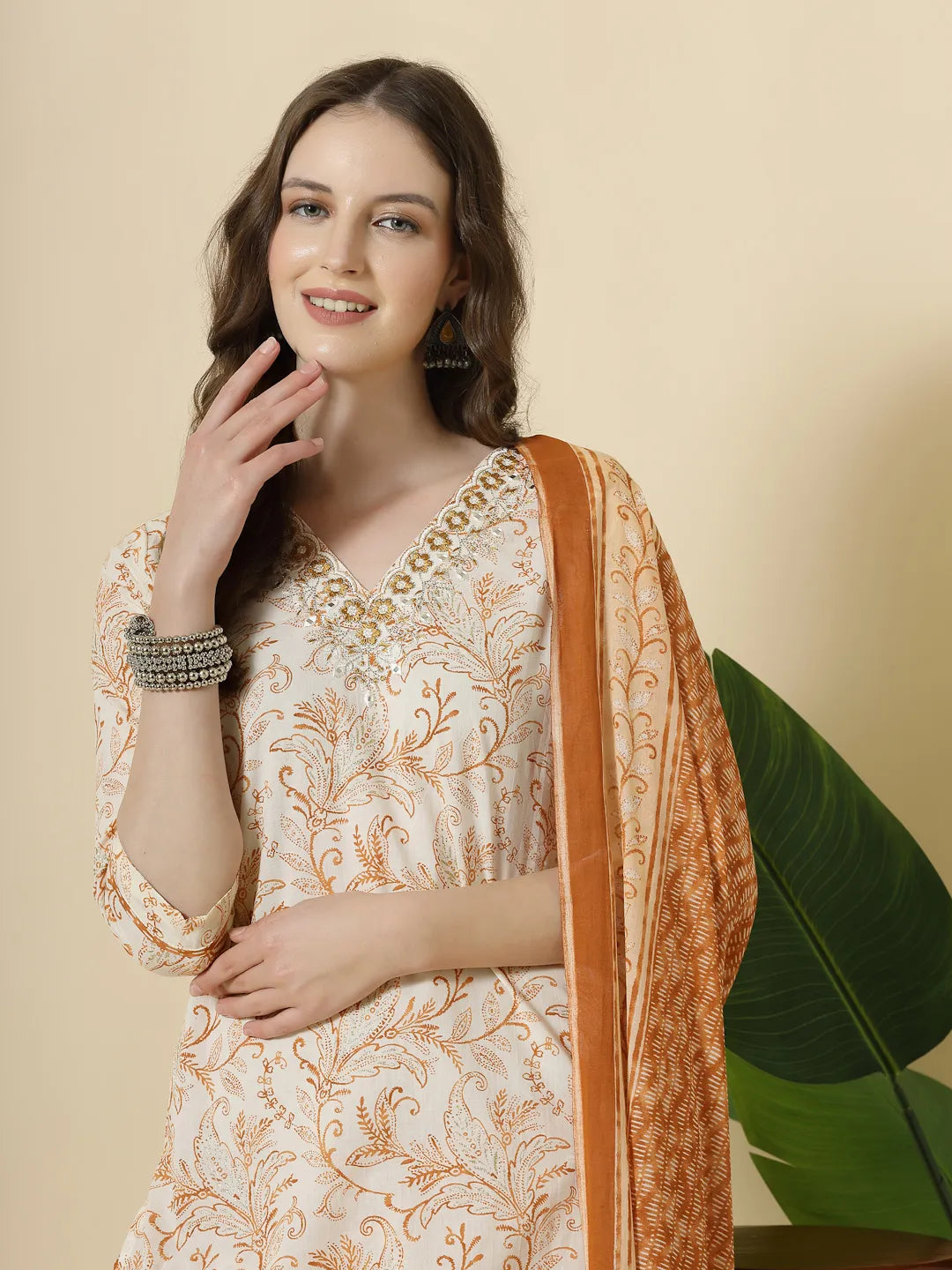 Yufta Rust Pure Cotton PaisleyThread Work Kurta Dupatta Pant Set | Grocsy