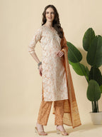 Yufta Rust Pure Cotton PaisleyThread Work Kurta Dupatta Pant Set | Grocsy