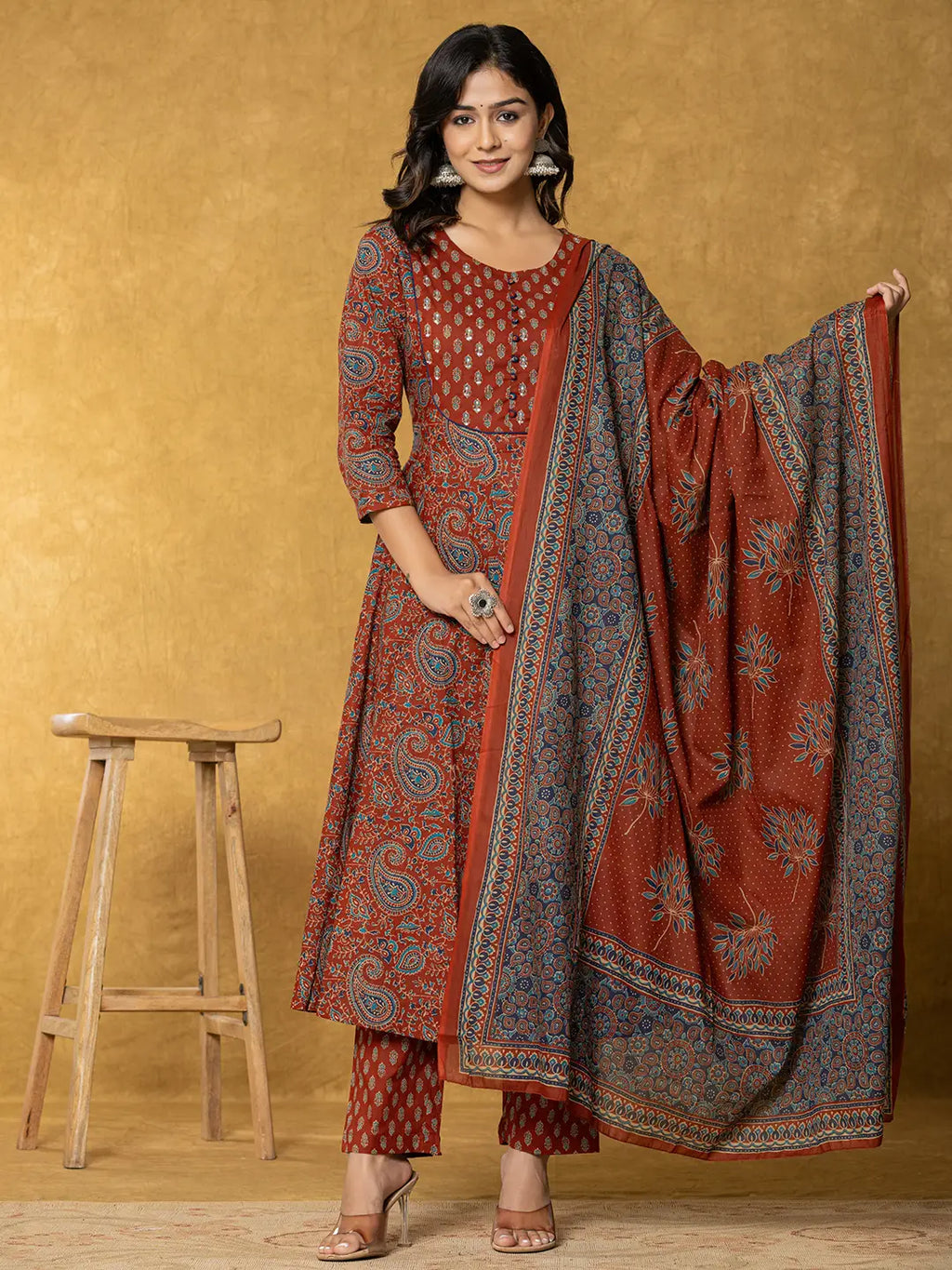Yufta Rust Sequins_Work Cotton Anarkali Kurta Dupatta Set | Grocsy