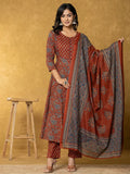 Yufta Rust Sequins_Work Cotton Anarkali Kurta Dupatta Set | Grocsy