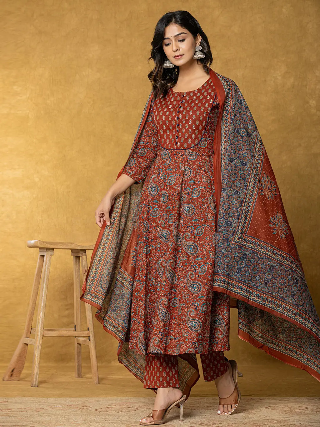 Yufta Rust Sequins_Work Cotton Anarkali Kurta Dupatta Set | Grocsy