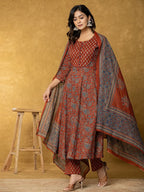Yufta Rust Sequins_Work Cotton Anarkali Kurta Dupatta Set | Grocsy