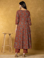 Yufta Rust Sequins_Work Cotton Anarkali Kurta Dupatta Set | Grocsy
