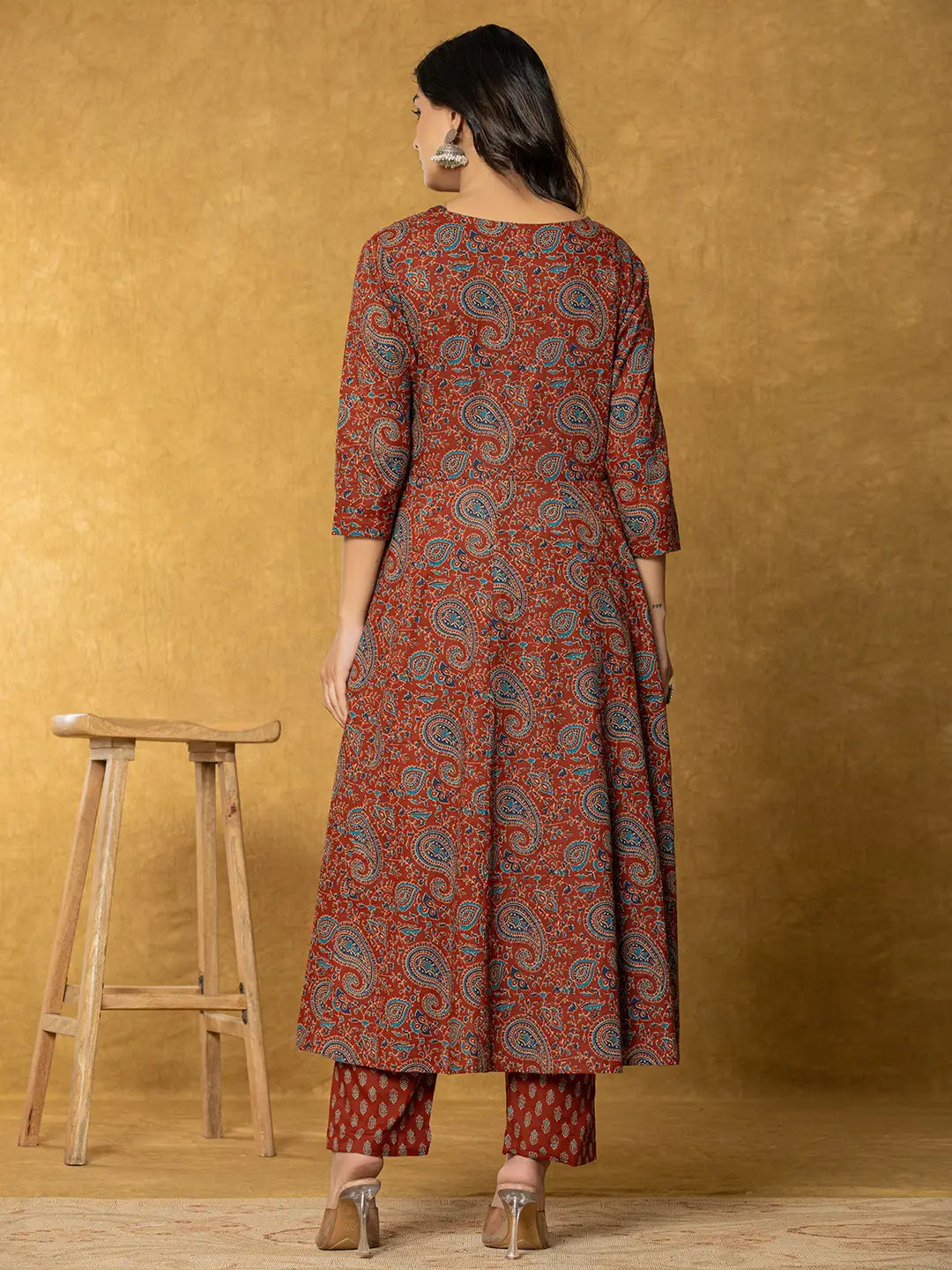 Yufta Rust Sequins_Work Cotton Anarkali Kurta Dupatta Set | Grocsy