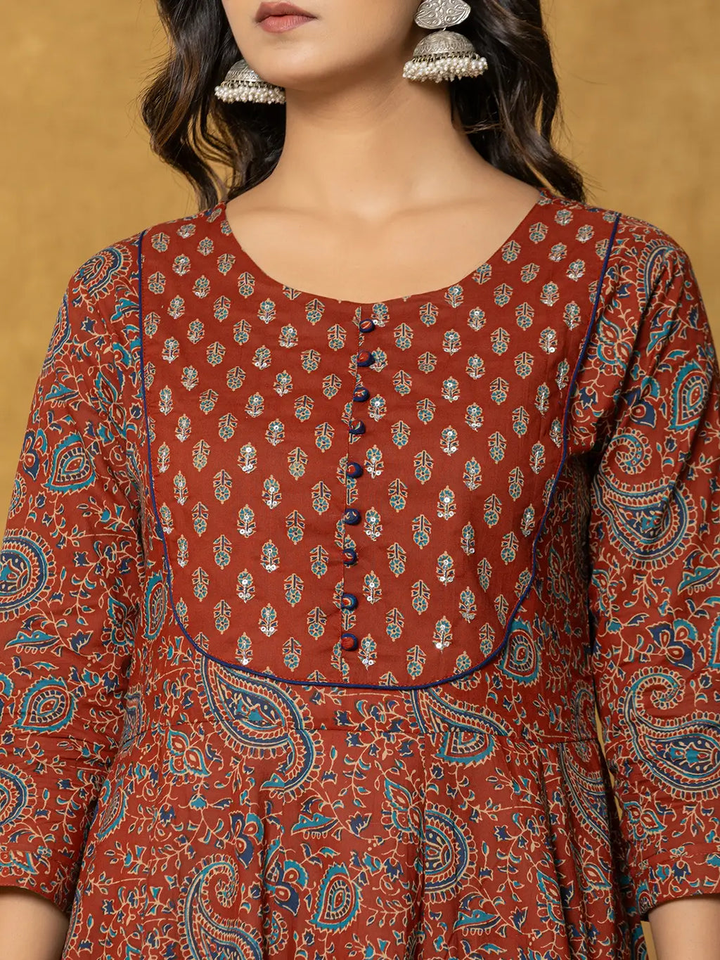 Yufta Rust Sequins_Work Cotton Anarkali Kurta Dupatta Set | Grocsy