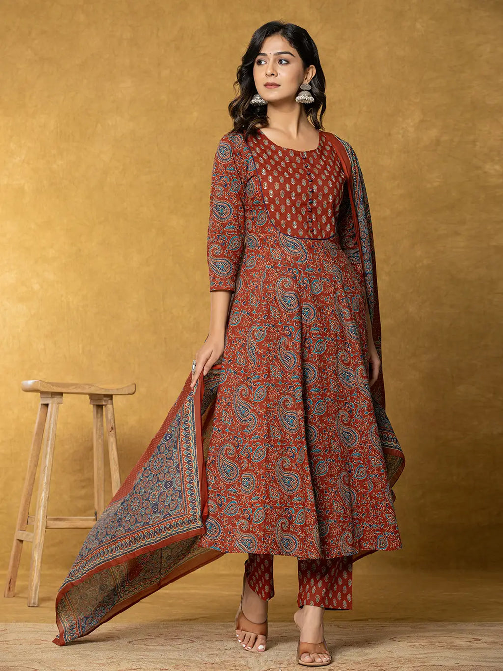 Yufta Rust Sequins_Work Cotton Anarkali Kurta Dupatta Set | Grocsy