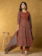 Yufta Rust Sequins_Work Cotton Anarkali Kurta Dupatta Set | Grocsy