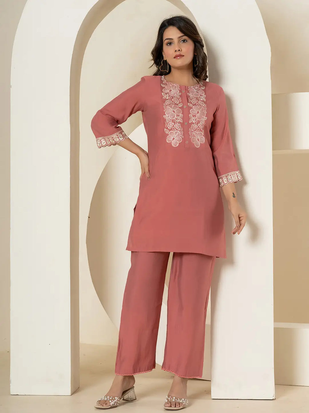 Yufta Rust Thread_Work Shirt And Trouser Silk Blend Co-Ord Set | Grocsy