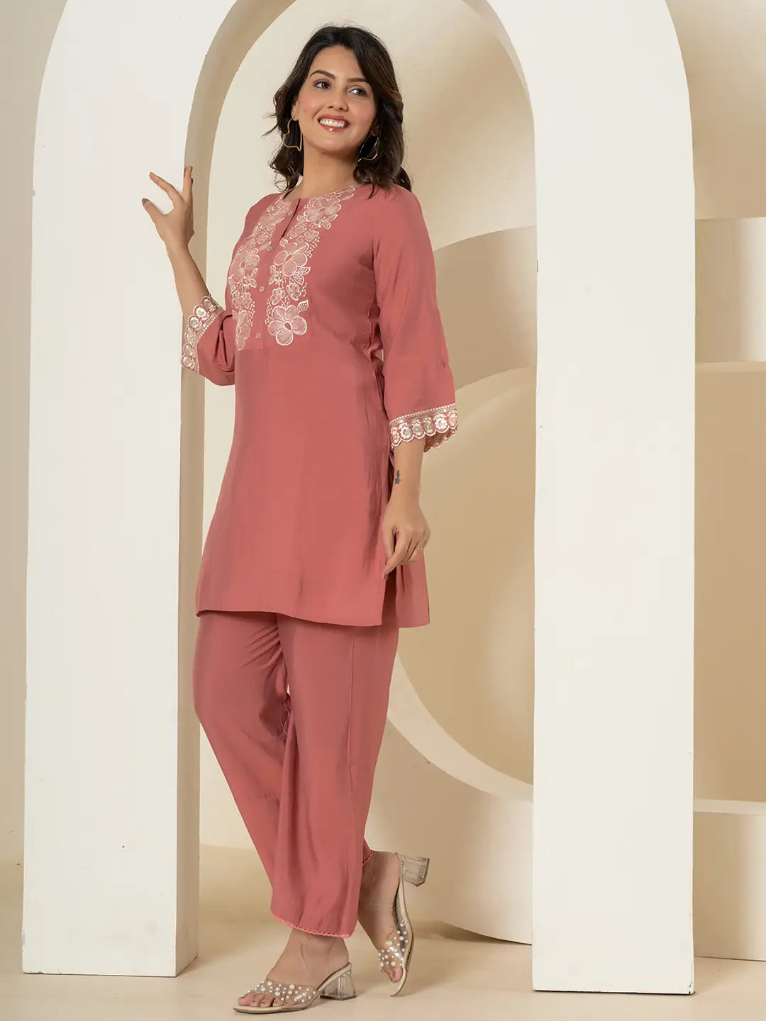 Yufta Rust Thread_Work Shirt And Trouser Silk Blend Co-Ord Set | Grocsy