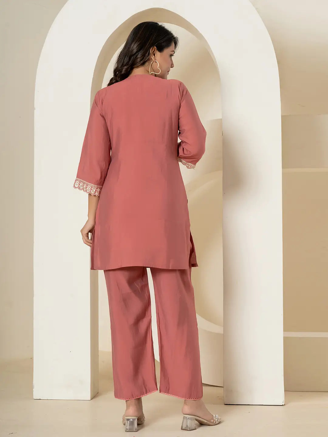 Yufta Rust Thread_Work Shirt And Trouser Silk Blend Co-Ord Set | Grocsy