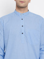 Even Apparels Blue Pure Cotton Men's Kurta With Band Collar | Grocsy