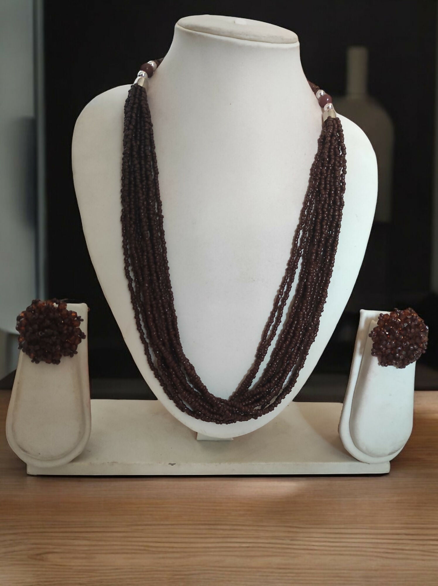 Inhanns Bloom Handmade Beaded Necklace With Earrings - 12 Layers - Coffee Necklace Set | Grocsy