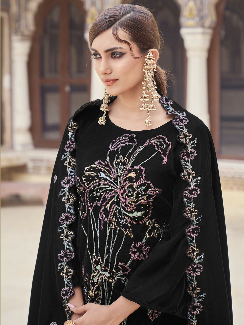 Jyoti Fashion Women's Black Velvet Resham Thread with Jari & Sequin Kurta with Trouser & Dupatta | Grocsy